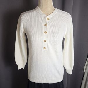 LOFT Women’s Small Petite White Henley Sweater Cotton Long‎ Sleeve